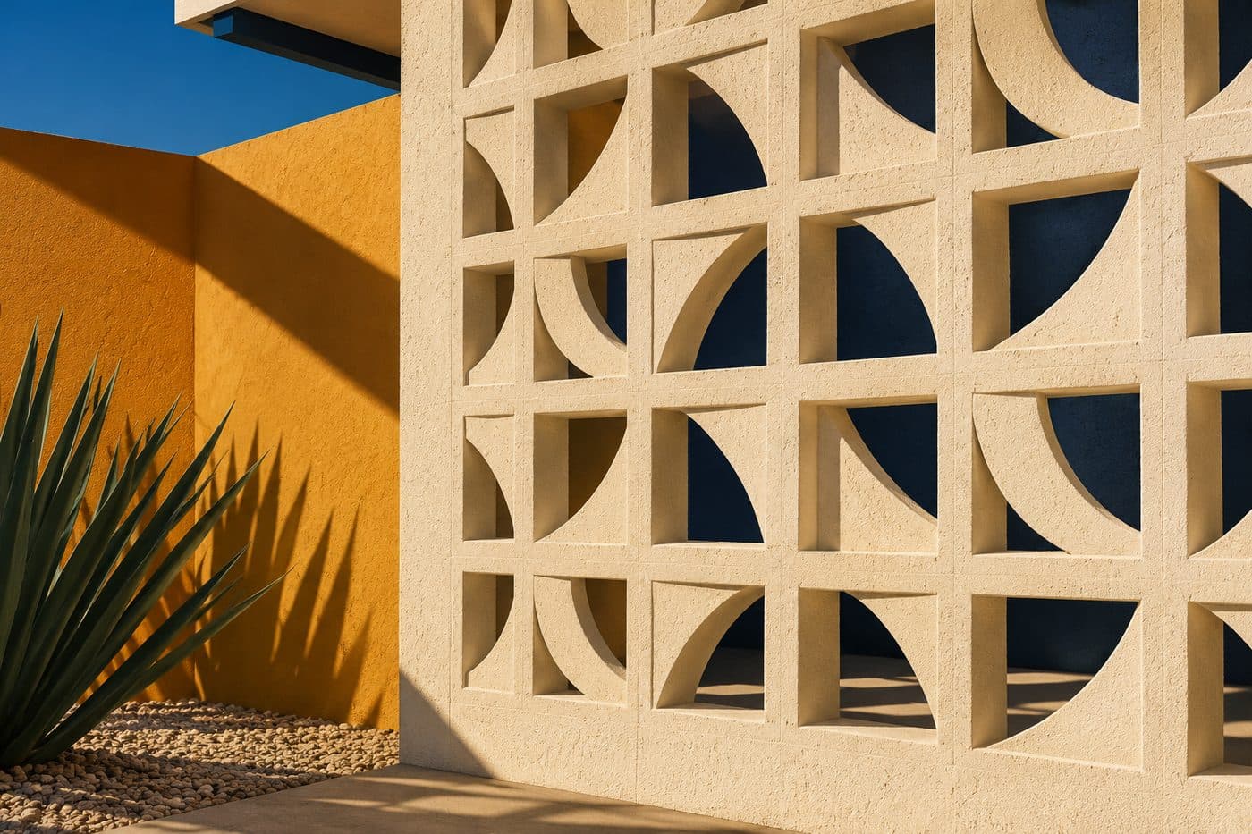 Mid-century breeze block wall casting shadows beside an ochre wall and agave