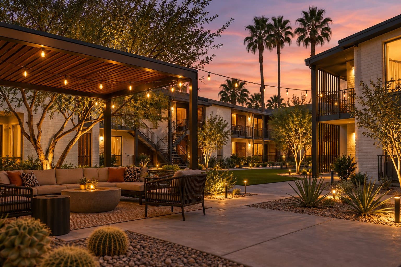 Renovated apartment courtyard at dusk with shaded seating, string lights and desert plants