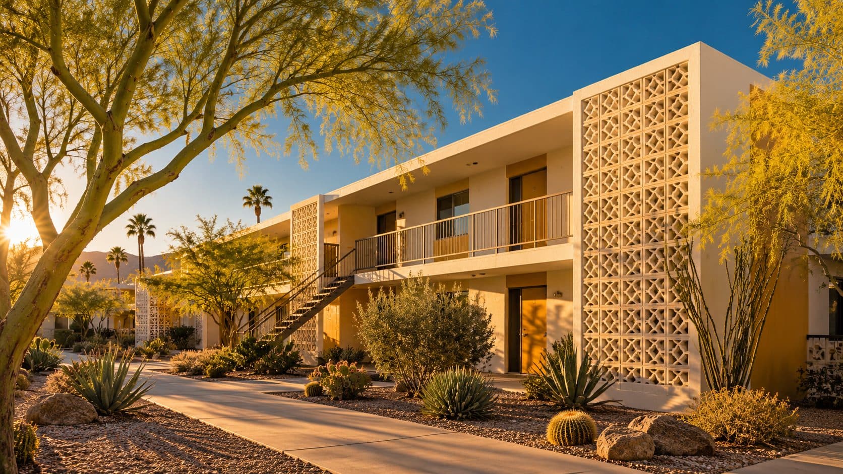 Two-story mid-century garden apartment building with breeze block screens in golden-hour light