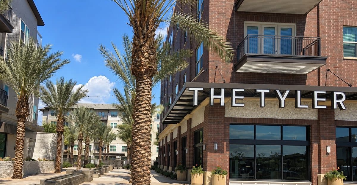Brick facade and signage beside a palm-lined plaza with water features